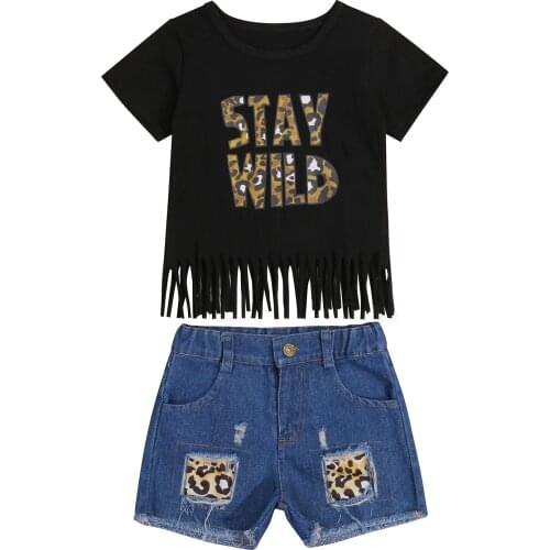 Girls Clothing Set Summer Short Sleeve Leopard Letter Printed T shirt Denim Shorts Toddler Girls Clothing Set Kids Clothes 1-6Y
