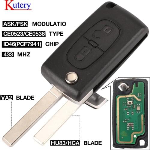 Kutery 434Mhz ASK FSK 2 Button Remote Flip Key Fob For Citroen C2 C3 C4 C5 C6 C8 Xsara Picasso CE0523 Ce0536 VA2/HCA Blade