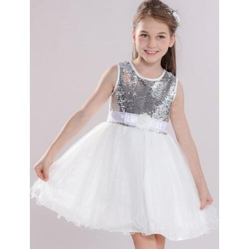 Girls 3-12 Y Summer Autumn Knee Length Sleeveless Silver Sequins Dress Fashion Bow Ball Gown Costume Princess Dancing Dresses