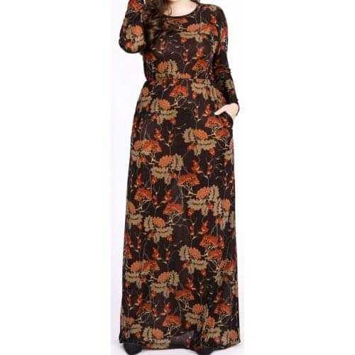 Muslim Long Skirt Fat MM Large Womens Round Neck Long Sleeve Printed Long Dress
