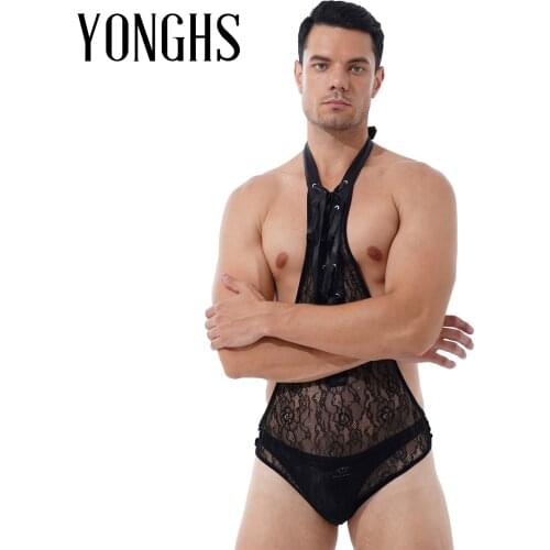 Mens Erotic Sexy See-through Bodysuit Underwear Lingerie Halter Lace-up Open Butt Sissy Teddies Floral Lace Deep V Nightwear