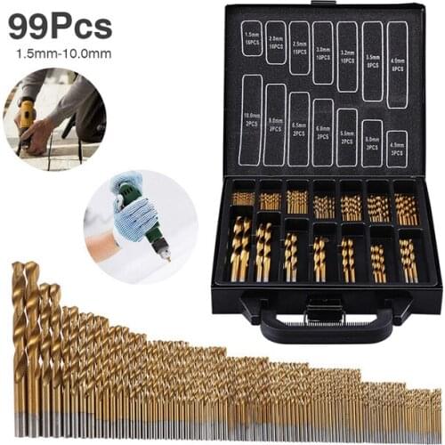 99PCS HSS Twist Drill Bit Set 1.5-10mm Titanium Coated Surface 118 Degree For Drilling wood Thin Metal DIY Home Use With Box