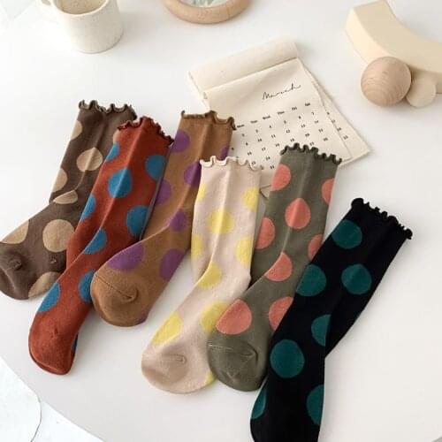 10 Pairs Woman Socks Stringy Selvedge Cotton Socks Big Dot Pattern Socks Middle Tube Socks For Ladies Girls Vintage Socks