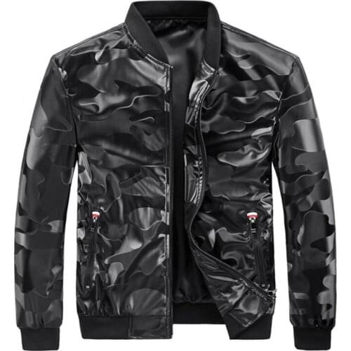 New Fashion Camouflage Leather Jacket Men Baseball Collar Jacket Slim Fit Mens Leather Jackets Coats chaqueta cuero hombre