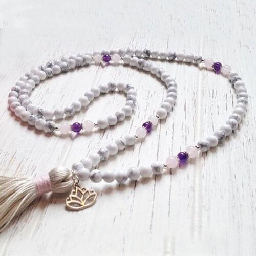 White Howlite With Tassel Long Necklaces Rose Q-uartz Amethysts Beaded Boho Necklace Lotus Necklace Charm Jewelry Gift For Women