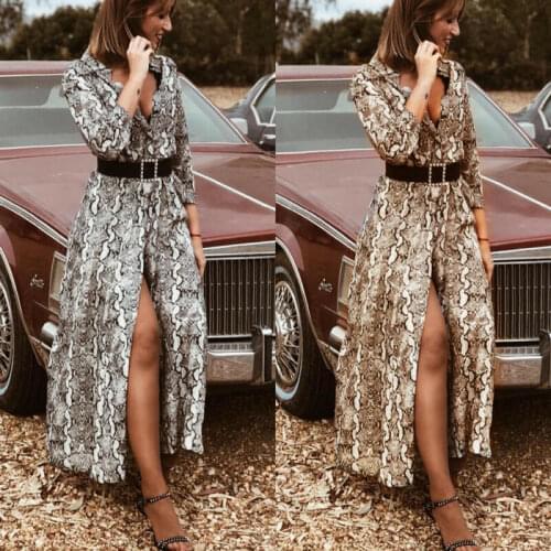 Summer Womens Dress Loose Chiffon Snakeskin Print Shawl Kimono Long Sleeve V-neck Side Split Dresses Cardigan Tops High Street
