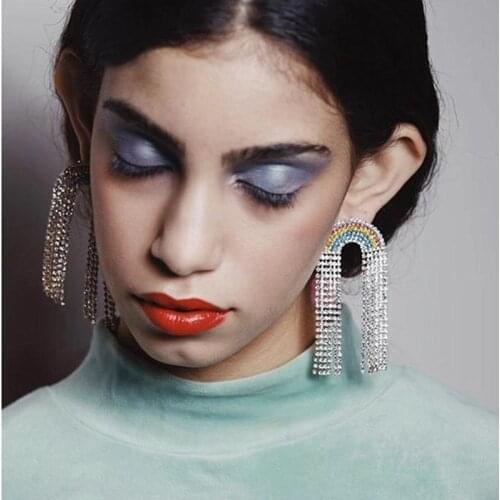 Multicolors Rhinestone Gems Rainbow Shaped Women Dangle Earrings Jewelry Fashion Show Girls' Statement Earrings Accessories