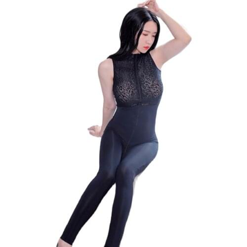 Sexy Lace Sheer Bodystocking Zipper Open Crotch Bodysuit Women Bodycon Jumpsuit Turtleneck Body Shaping Overall Tights Catsuit