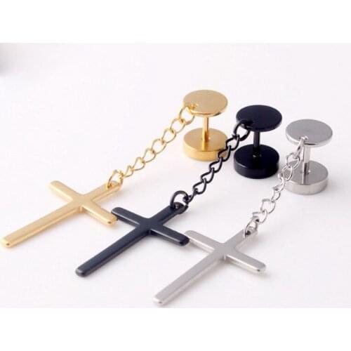 1PC Stainless Steel Earings Fashion Jewelry 2019 Barbell Cross Pendant Ear Stud Earrings Gold Color Hypoallergenic Earrings
