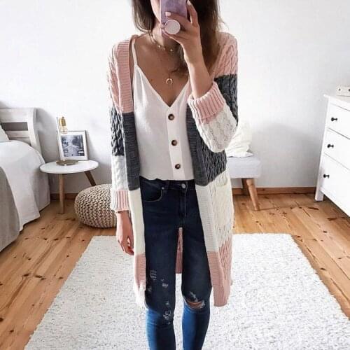 Knit sweater 2021 autumn and winter new product striped stitching contrast twist cardigan sweater women