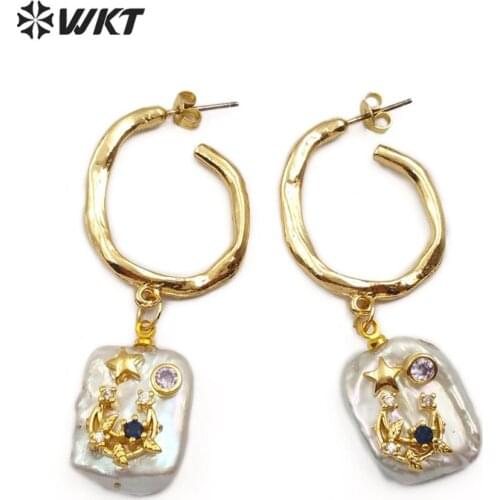 WT-E558 Natural Freshwater Pearl&CZ Pave Earring Rectangle Shape With Gold Electroplated Hook Star& Evil eye& Crescent Earring