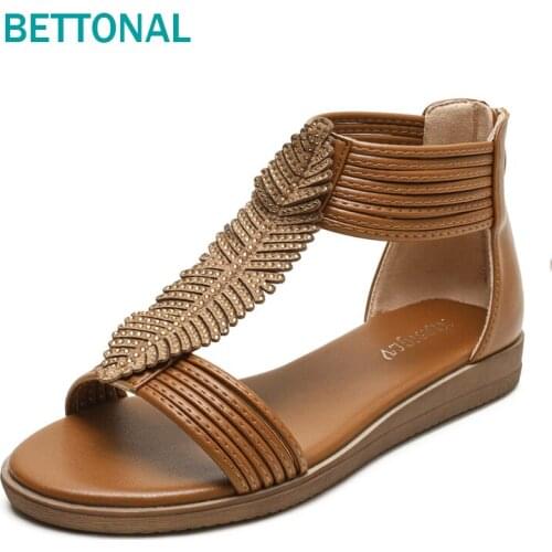 BETTONAL 2021 summer flat shoes Womens sandals Rhinestone Bohemia gladiator rome sandalias ladies casual big size 41 42