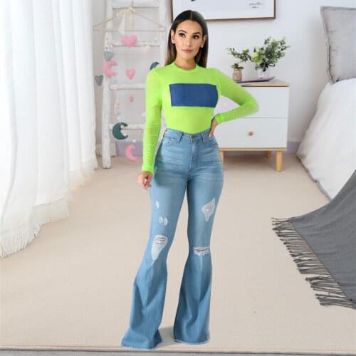 Womens Jeans Flared New 2021 Stretch Sexy Denim Ripped Trousers Spandex Wide Leg Pants Bell Bottom Jean Fashion Plus Size 3xl