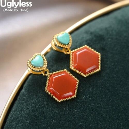 Uglyless Hexagon Stars Earrings for Women Ethnic Heart-shape Turquoise Agate Fashion Dress Jewelry Gold 925 Silver Studs Brincos