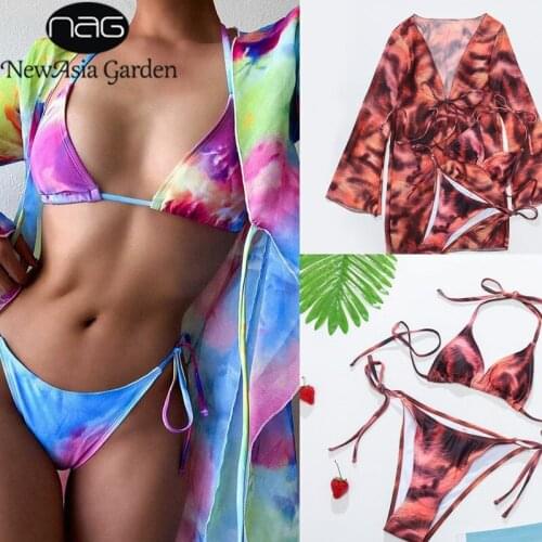 NewAsia Tie Dye Bikini 3 Piece Set Women Lace up Padded Bra And Panty Set Long Sleeve Cover up Blouse Sexy Swimsuit Beachwear