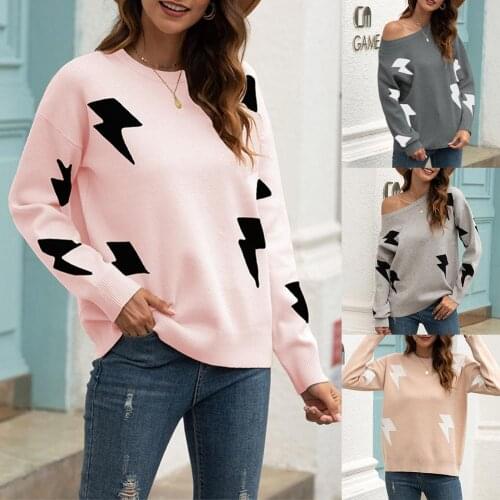 Women 2021 Autumn Winte Thick Tops Fashionable Long Sleeve Round Neck Light Printing Knitted Sweater Warm Jumper Casual Pullover