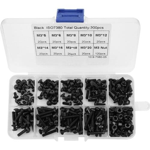 300pcs M3 Screws Nuts 10.9 Grade Button Head Hex Socket Screw Bolt Nut Assortment Kit Hardware Tools Wholesale