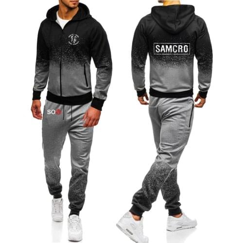Mens SAMCRO Print SOA Set Harajuku Zipper Jacket Sport Sons Of Anarchy Suits College Male Gradient Hoodies Casual Sweatpant Set