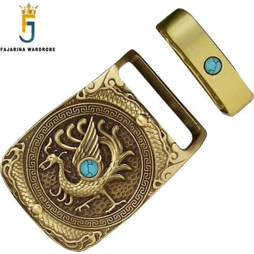 FAJARINA Mens Unique Design Dragon&ifeng Pattern Embossed Turquoise Decorative Solid Brass Smooth Model Buckles for Men BCK028