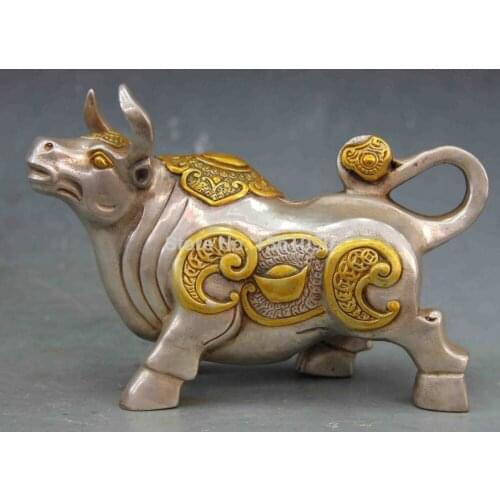 Xd 00511 4 Chinese White Copper Silver Fengshui Lucky Wealth RuYi YuanBao Cattle Wild ox