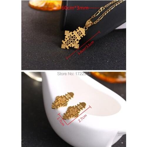 Bangrui Ethiopian Necklace Pendants & Earrings Set Gold Filled Eretrian Jewelry African Gift,Yellow Color Coptic Cross Abyssinia