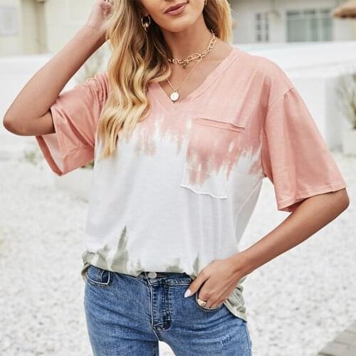Summer T Shirt Women Fashion Tie Dye Short Sleeve V-neck Gradient Color Casual Tops Loose Stitching Streetwear Tee Shirt Ladies