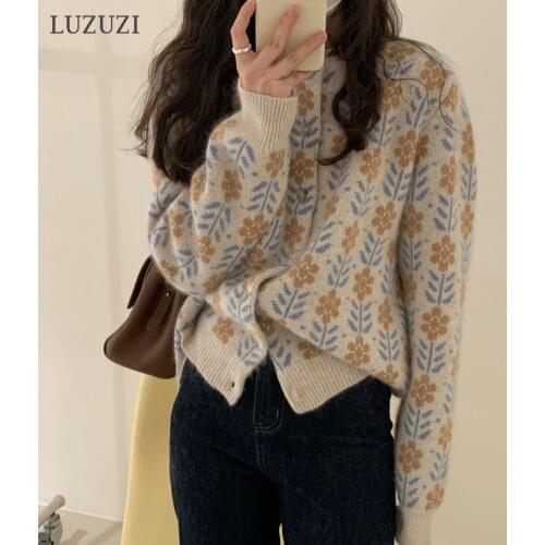 LUZUZI Spring Autumn Korean Fashion Female Cardigan Floral Long Sleeve Vintage Single Breasted Knitted Sweater Jumpers Outerwear