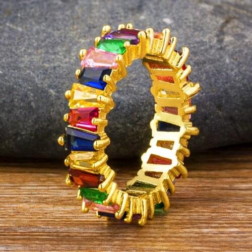 Fashion Trendy High Quality Rainbow CZ Gold Ring Copper Zirconia Jewelry For Women Elegant Rings Female Wedding Charm Jewelry