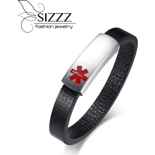 SIZZZ Mens titanium steel magnetic buckle medical logo microfiber leather bracelet&bangles