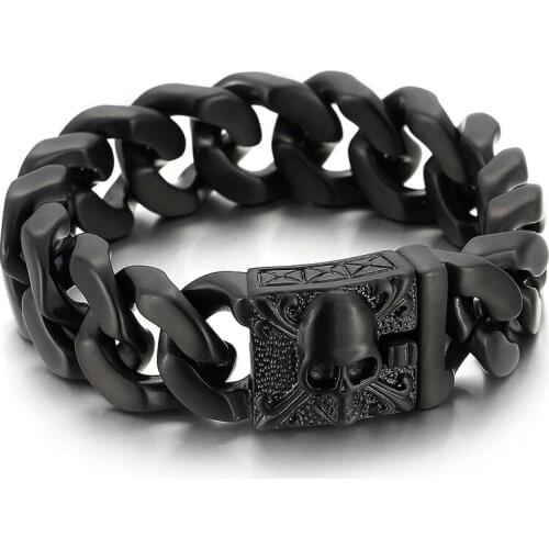 Jewels Store 20mm Wide Black Vintage Mens Stainless Steel Texture Bracelet Skull Cuban Chain Jewelry For Man JS129869-BDJX