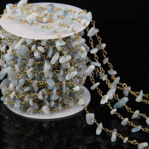 Natural AQuamarln Chips Beaded Chain, Wire Wrapped Chip Beads DIY Chain