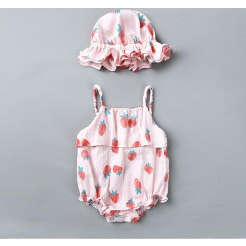 New Fashion Summer Baby Girl Sling Bodysuit Cotton Cute Strawberry Baby Bodysuit+Hat Set Baby Clothing Set