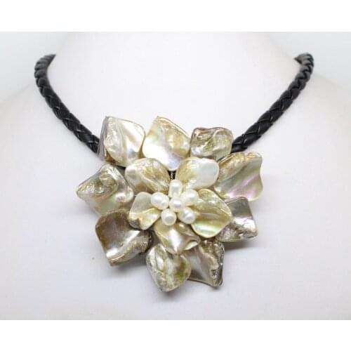 Charm 70mm Flower Pendant Necklace 18inches Baroque Shell Mother of Pearl Handmade Choose Color