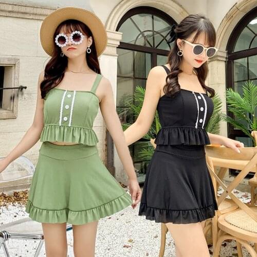 Korea Style Retro Solid Halter Two-piece Swimsuit Sexy Fold Backless Women Monokini 2021 Girls Beach Bathing Suit Swimwear