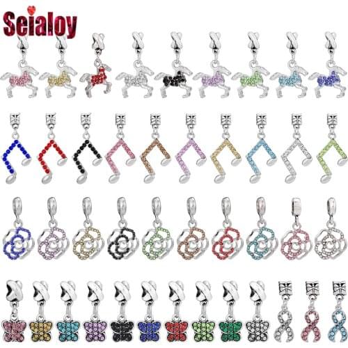Seialoy Crystal Rose Flowers Pendant Butterfly Ribbon Dangle Running Horse Charm Fit Original Bracelets Necklace Accessories