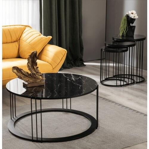Roman Black Metal Legs Marble Patterned Mdf'li coffee table Set coffee tables table basse furniture living room table