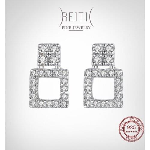Beitil 100% 925 Sterling Silver Geometric Square CZ Stud Earrings For Women Wedding Engagement Fine Female Jewelry