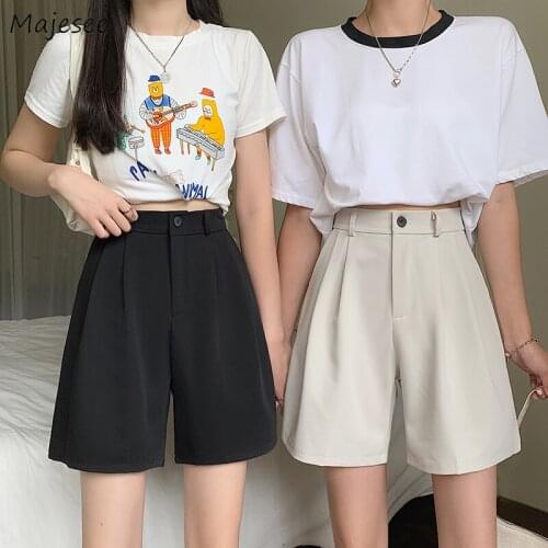 Shorts Women Pure Office Lady Summer High Waist All-match Leisure Soft Loose Wide-leg Simple Pockets Fashion Female Daily Chic