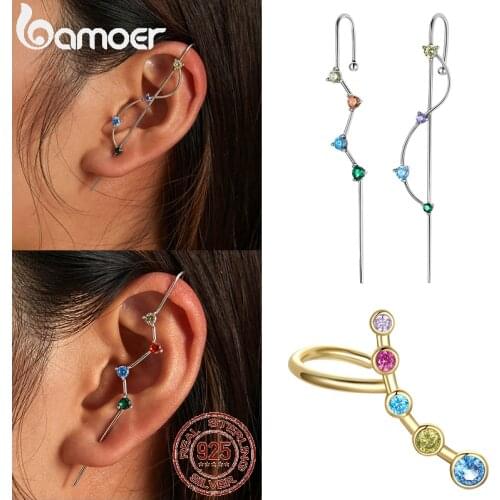 Bamoer 925 Sterling Silver 1Piece Colorful Multiple Zirconium Ear Needle-Lightning Stud Earring for Women Ear Cuff DIY Jewelry