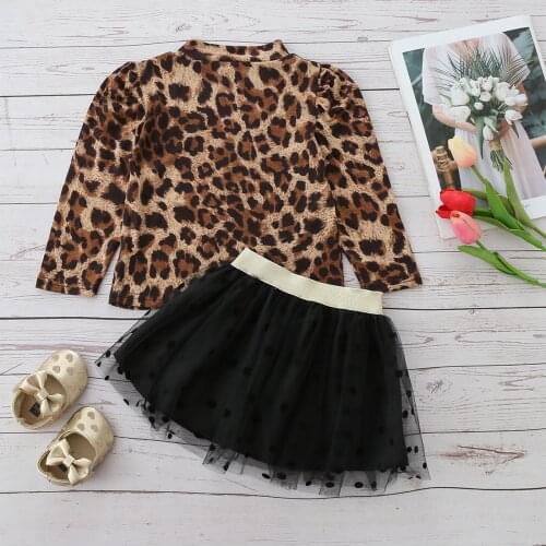 2-7 Years Leopard Clothing Set Baby Girls Clothes Set, Leopard Print Long Sleeve O-neck Tops+dot Print Short Tulle Skirt