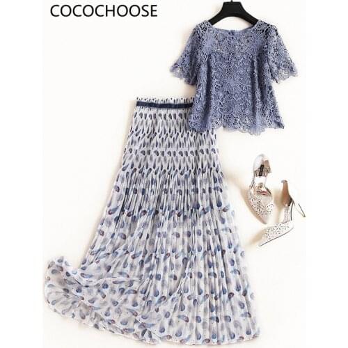Women summer short lace tops hollow out sexy blouses + long floral print skirt suit new 2020 spring summer holiday two piece set