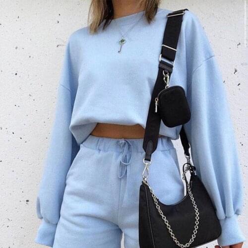 2 Pieces Blue Long Sleeve Women Sets O Neck Sweatshirt+Lace Up Short Female Tracksuit Set Autumn Casual Loose Lady Homewear Suit