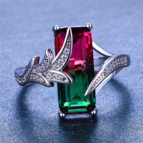 Luxury Female Crystal Rainbow Stone Ring Vintage Red Green Stone Wedding Rings For Women Fashion Bridal Love Engagement Ring