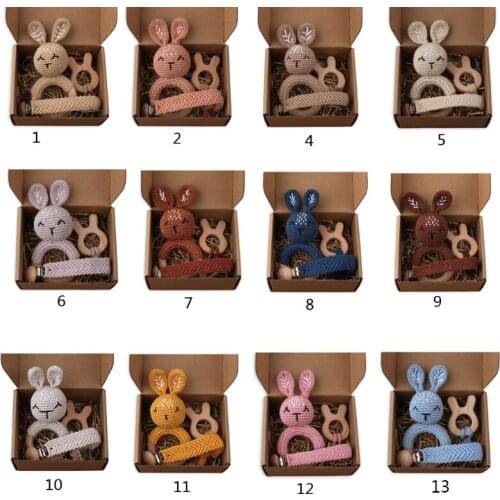 3Pcs Beech Wooden Baby Teething Rings Crochet Bunny Rattle Toy Infant Teether Comfort Toys Braided Pacifier Chain Set