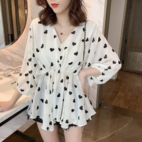 Women Blouse V-neck Womens Summer Loose Love Chiffon Top Shirt Blusas Mujer De Moda