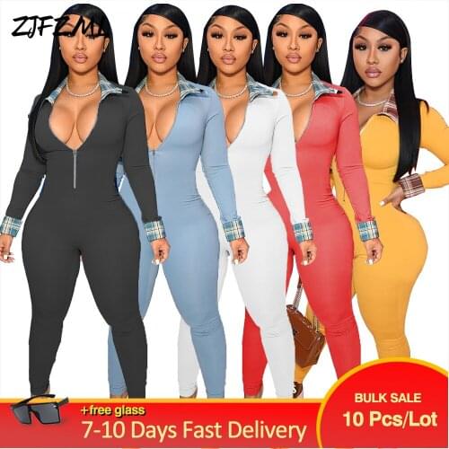Bulk Items Wholesale Lots Womens Fitness Sporty Romper Streetwear Plaid Spliced Bandage Jumpsuit Early Autumn Party Club Outfit