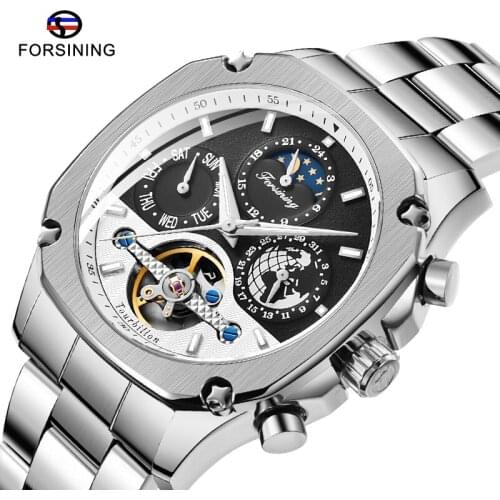 Forsining Square Dial Automatic Watch Mens Tourbillon Mechanical Silver Stainless Steel Moonphase Male Self-Winding Wristwatch