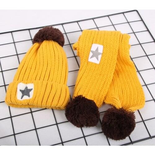 Kids Plush Warm Cap Autumn Winter Knited Woolen Childrens Bib Suit Boys And Girls Star Pattern Hat Scarf Two Piece Set