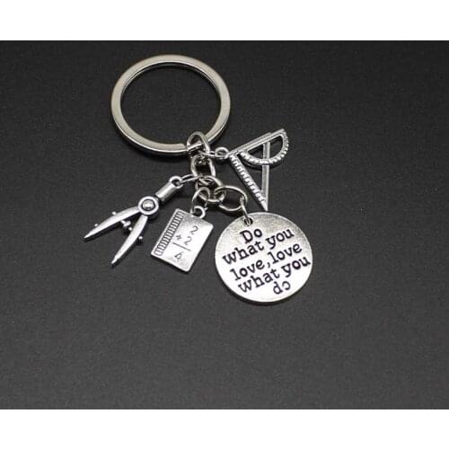 1 piece of math jewellery key ring, triangle ruler, compass pendant, vintage metal keychain, gift from students and teachers