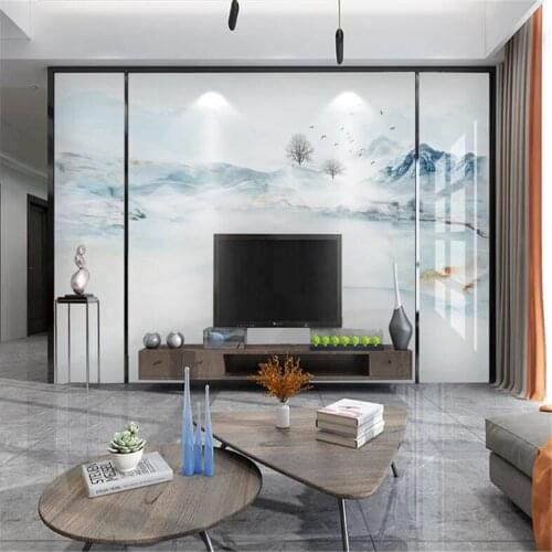 Milofi large wallpaper mural blue new Chinese style landscape water ink light luxury background wall